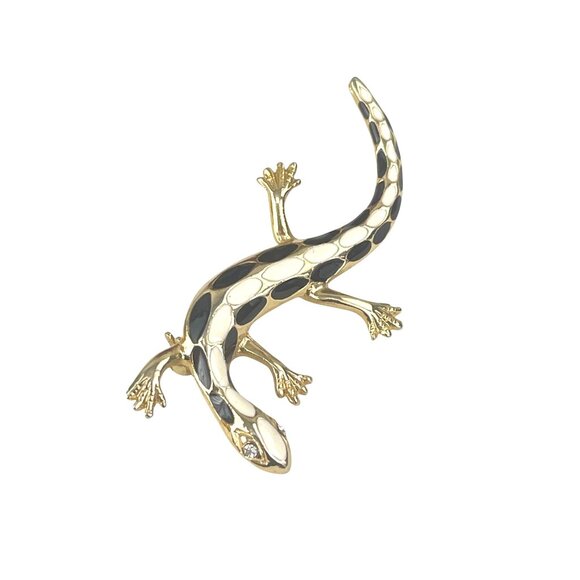Gold-Tone Enamel Gecko Lizard Brooch Pin With Crystal Eyes - Picture 7 of 8